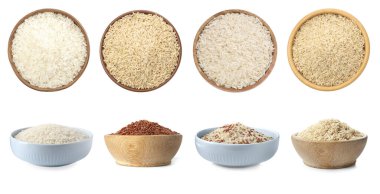 Kahverengi ve diğer pirinç türleri beyaz kolaja izole edilmiş. Üst ve yan görünüm