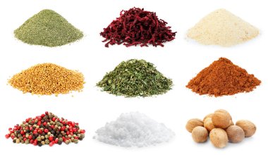 Beyaz arka planda farklı aromatik baharatlar, kolaj