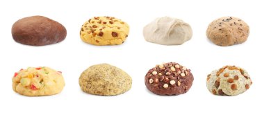 Different types of dough isolated on white, set