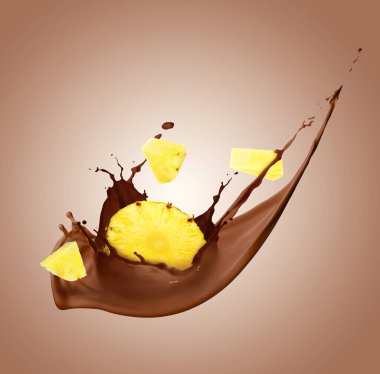 Soluk kahverengi arka planda sulu ananaslı çikolata sıçraması.