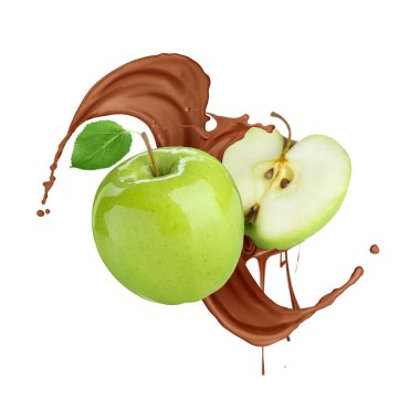 Çikolatalı taze elmalar beyaz arka planda havaya sıçrıyor.