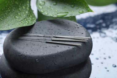 Akupunktur iğneleri, ıslak spa taşları ve mavi tepside yapraklar, yakın çekim.