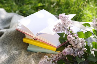 Yığınla kitap, leylak çiçekleri ve yeşil çimlerin üzerinde battaniye, yakın plan.