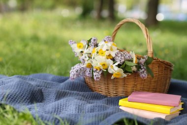 Yığınla kitap, battaniye ve hasır sepet. Yeşil çimlerin üzerinde çiçekler.