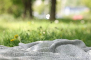 Açık gri battaniye piknik için açık yeşil çimlerde, yakın plan