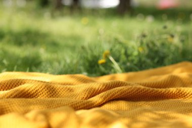 Yeşil çimlerde piknik için turuncu battaniye, yakın plan.