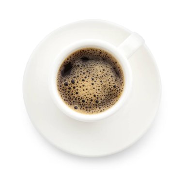 Beyaz bardakta sade kahve, üst manzara.