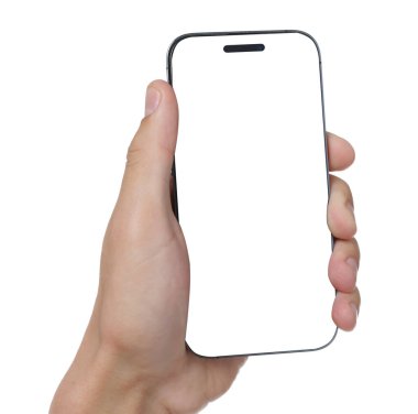 Beyaz arka planda modern akıllı telefonu olan adam, yakın plan. Tasarım için model
