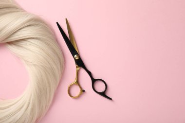 Açık pembe arka planda saç teli ve makas, üst manzara. Metin için boşluk