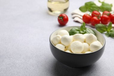 Lezzetli mozzarella peynirli toplar, domatesler ve açık gri masada fesleğen, yakın plan. Metin için boşluk
