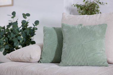 İçerideki kanepede iki açık yeşil yastık.