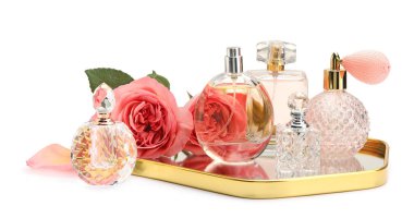 Birçok farklı parfüm şişeleri ve güller beyaz üzerine izole edilmiş.