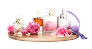 Birçok farklı parfüm şişeleri ve güller beyaz üzerine izole edilmiş.