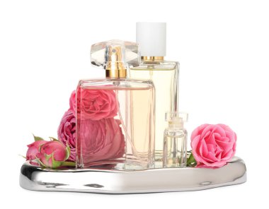 Birçok farklı parfüm şişeleri ve güller beyaz üzerine izole edilmiş.