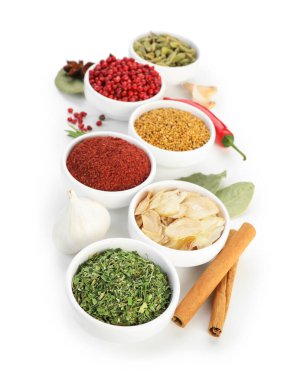 Beyaz üzerine izole edilmiş farklı aromatik baharatlar.