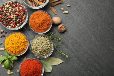 Gri masada farklı aromatik baharatlar var. Metin için boşluk