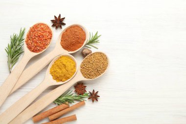 Beyaz ahşap masadaki kaşıklardaki farklı aromatik baharatlar. Metin için boşluk
