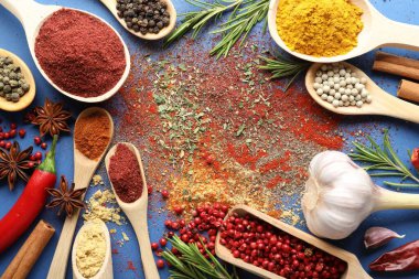 Mavi arka planda farklı aromatik baharatlar, düz yatış