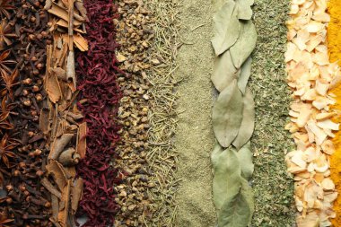 Arka plan olarak birçok farklı baharat, üst görünüm