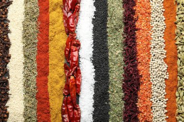 Arka plan olarak birçok farklı baharat, üst görünüm