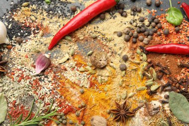 Gri masada farklı aromatik baharatlar, üst görünüm.