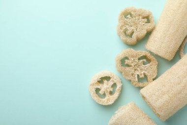 Açık mavi arka planda doğal lif süngeri, düz. Metin için boşluk