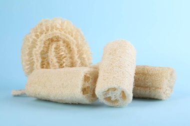 Açık mavi arkaplanda farklı lif süngerleri, yakın plan