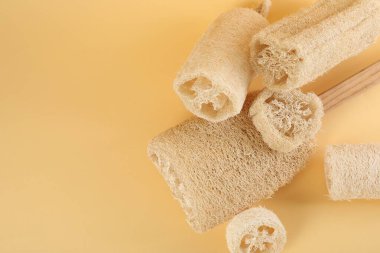 Bej arka planda farklı lif süngerleri, düz yatış. Metin için boşluk