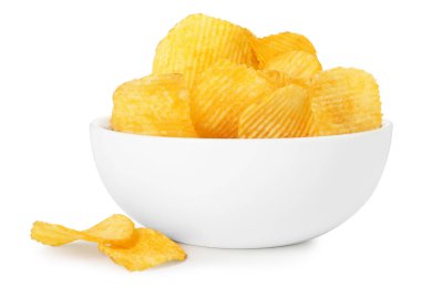 beyaz izole kase lezzetli patates cipsi