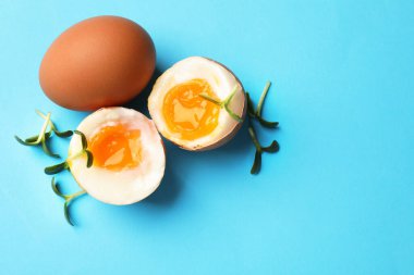 Hafif kaynamış yumurta ve açık mavi arka planda mikro yeşiller, üst manzara.