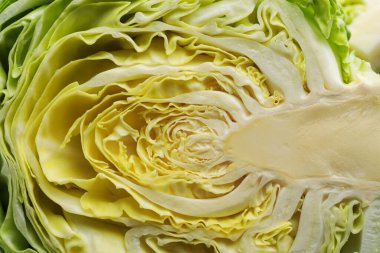 Arka plan olarak taze lahananın yarısı, yakın plan.