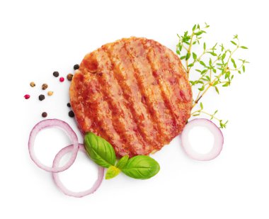 Lezzetli hamburger köftesi ve baharatlar beyaz, üst manzara
