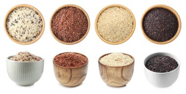 Kahverengi ve diğer pirinç türleri beyaz kolaja izole edilmiş. Üst ve yan görünüm