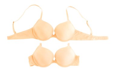 Güzel bej sütyen beyaz kolajda izole edilmiş. Üst görünüm