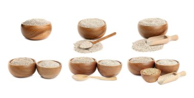 Çavdar ekmeği kaseler ve kaşıklar halinde beyazlar üzerine izole edilmiş.