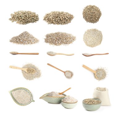 Çavdar ekmeği ve tahıllar beyaza izole edilmiş, kolaj