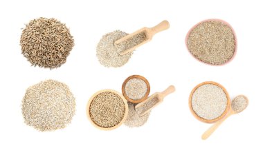 Çavdar ekmeği ve tahıllar beyaza izole edilmiş. Üst görünüm