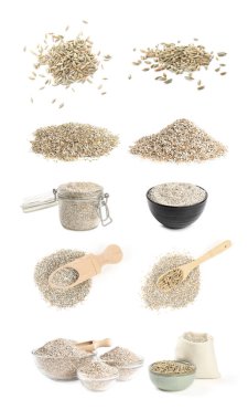 Çavdar ekmeği ve tahıllar beyaza izole edilmiş, kolaj