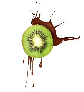 Beyaz arka planda sulu kivi ile çikolata sıçraması