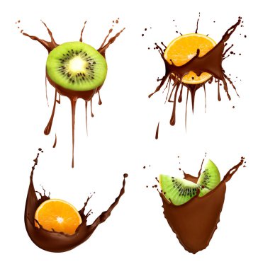 Çikolata serpintileri ve beyaz arka planda taze meyve, set