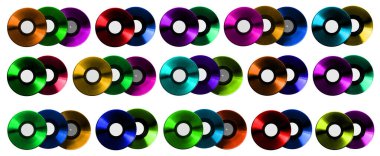 Beyaz arkaplan, kolaj üzerinde birçok renk vinil kayıtları