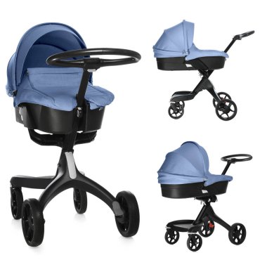 Bebek arabası. Soluk mavi gölgelikli modern bebek arabası beyaz, farklı taraflarda izole edilmiş.