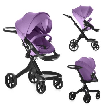 Bebek arabası. Beyaz renkli, farklı kenarlı, menekşe renkli bebek arabası.