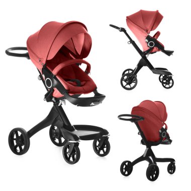 Bebek arabası. Çağdaş bebek arabası beyaz tenteli, farklı taraflarda izole edilmiş.