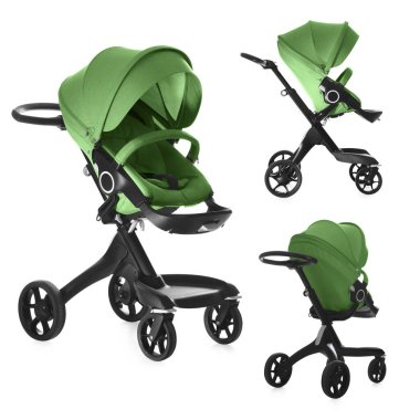 Bebek arabası. Çağdaş bebek arabası beyaz tenteli, farklı taraflarda izole edilmiş.