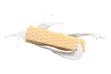 Lezzetli çıtır gofret ve beyaz arka planda süt sıçraması.