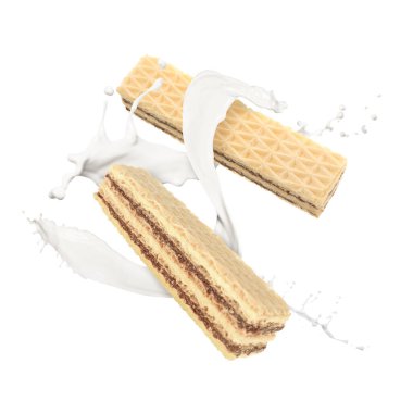 Lezzetli çıtır gofretler ve beyaz arka planda süt sıçraması.