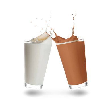 Çikolata içeceği ve beyaz arka planda bardaktan fışkıran süt.