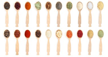 Beyaz arka planda tahta kaşıklardaki farklı aromatik baharatlar, set. Üst görünüm