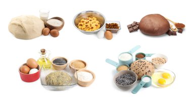 Different types of dough and ingredients isolated on white, set